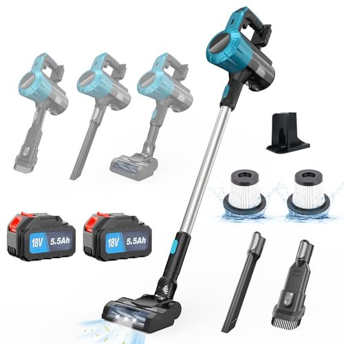 Psogpone Cordless Vacuum Cleaner for Makita 18V Battery, 45Kpa 550W 6-in-1 Stick Vacuum, Powerful Vacuum with LED Headlights, Lightweight Vacuum for Hard Floor Carpet Pet hair (2 * 5500mAH Battery)