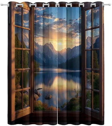 Tende oscuranti 3D Finestra Di Legno Montagne Tenda con occhielli fantasia Colorato Tenda isolante per soggiorno Camera da letto Tenda stampata 140L x 280A cm (2 Pannelli) Tende per interna