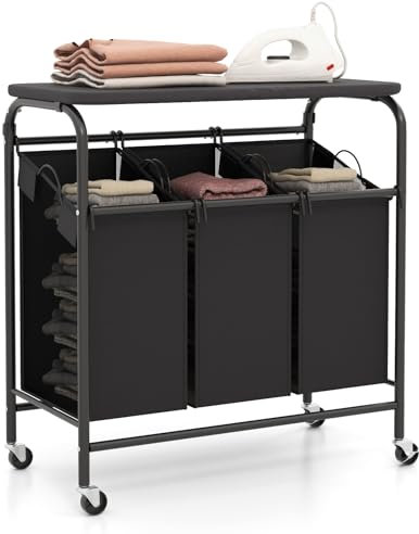 COSTWAY Laundry Basket with Foldable Ironing Board, 3-Compartment Laundry Hamper with Removable Bags and Wheels, Metal Frame Rolling Laundry Sorter Dirty Clothes Bin Washing Basket, Black+Grey