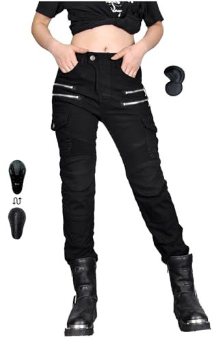 oFzimTo Pantalon Moto Mujer, Pantalon Vaquero Moto (Negro,XXL)
