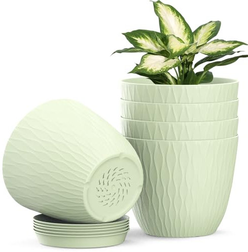 Plastic Plant Pots Indoor, 5 Pack 15cm Stripe Grooves Flower Pots with Drainage Holes and Tray, Modern Decorative Planter Pot for All House Plants(Light Green)