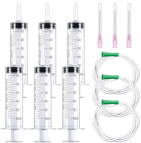 6 Stück Spritze 50ml (60ml) mit Nadel Spritze mit Schlauch Spritzen Einzeln Verpackt für Ideal für Labor Tierfütterung Pflanzenbewässerung Industri