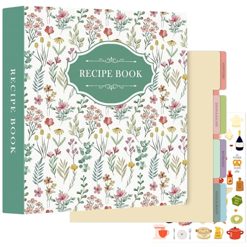 Lanpn Rezepte Ordner 3 Ringen für Kochrezepte, Kochbuch Selbst Schreiben, DIY Recipe Binder Rezeptordner mit 8 Trennblättern und 2 Aufklebern, Leder Rezeptbuch zum Selberschreiben, Grün, Englisch