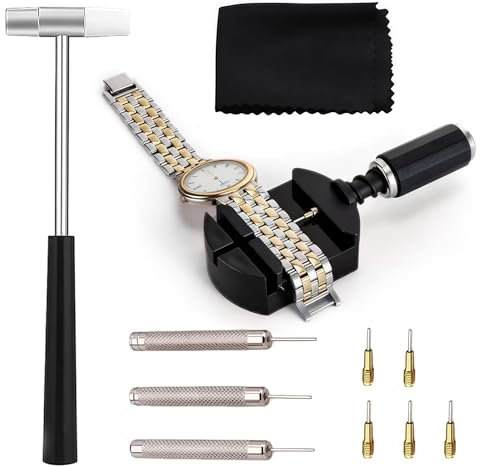 Uhrenarmband Reparatur Werkzeug Set, Uhrenband Kürzen Reparatur Set, Watch Link Removal Tool, mit 1 Stift-Glieder-Entferner, 5 Ersatzstiften, 3 Stiftstanzen, 1 Uhrenhammer, 1 Tuch putzen (Schwarz)