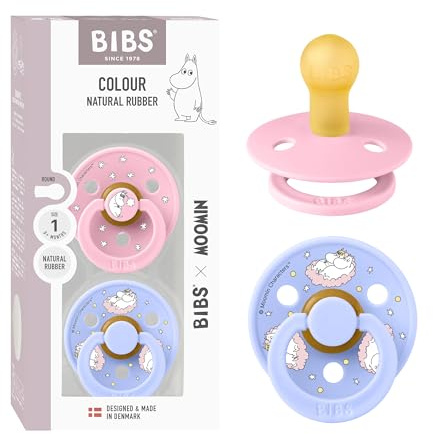 Moomin x BIBS Colour Schnuller, 0-6 Monate, 2er-Pack, Baby Pink/Hush | Runder Sauger | Naturkautschuklatex | Größe 1 | BPA-frei | Hergestellt in Dänemark | Hohe Akzeptanz | Luftlöcher