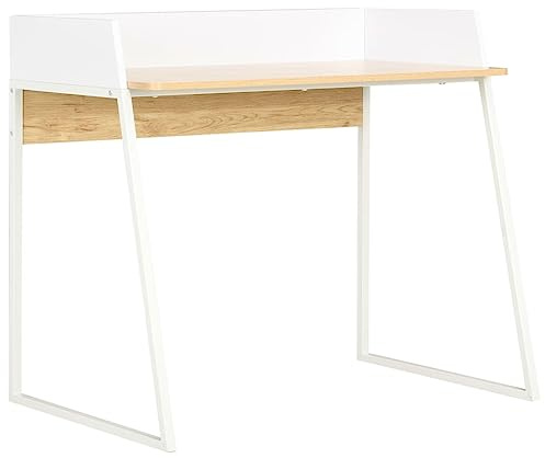 Mandloder Schreibtisch Weiß und Eiche 90x60x88 cm, Kompaktes Computer Pult, Laptop Tisch mit U-förmigen Beinen für Büro, Schlafzimmer