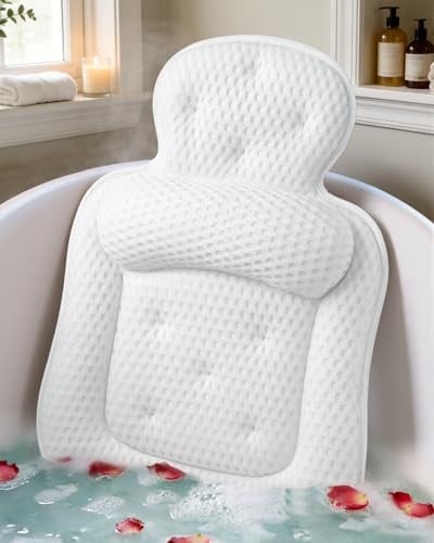 Bath Pillows for Tub, Comfortable Bathtub Cushion for Head and Neck with Soft 3D Mesh Fabric and 54 Non-Slip Suction Cups, Relaxing Tub and Shower Accessories Spa Gift White Standard