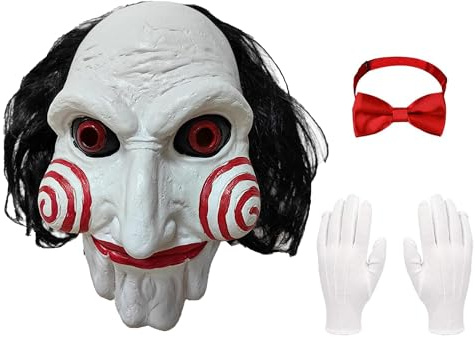 Carnavalife Mascara Saw Latex Adulto con Peluca, Mascara Saw Halloween, Guantes y Lazo Rojo, Accesorios Dsifraz Saw Pelicula
