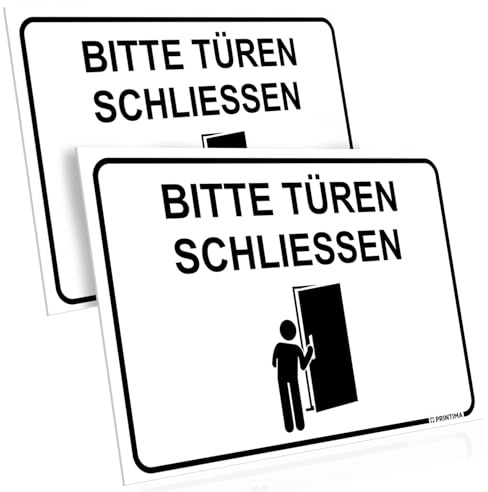 PRINTIMA 2er Set PVC Schild „BITTE TÜREN SCHLIESSEN“ 32x21 cm – Hinweisschild mit Montagedübeln – Türhinweis für Büro, Lager, Betrieb, Werkstatt und Gebäude im Innenbereich