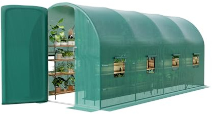 Garvee Serre Tunnel de Jardin 15x7x7 ft – Armature Acier galvanisé renforcé – Bâche PE Durable – 8 fenêtres en Maille – Porte battante en Fer – pour Culture légumes et Plantes, extensionérieur – Vert