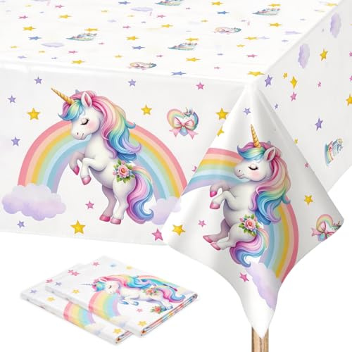 2 Stück Einhorn Tischdecke Kindergeburtstag, Einhorn Tischdekorationen, 220 * 130cm Party Tischdecke, Partyzubehör für Mädchen und Kinder Geburtstag Thematische Party