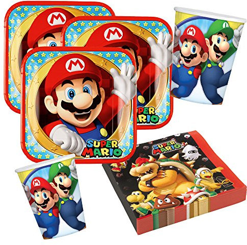 Amscan 36-teiliges Party-Set Super Mario - Teller Becher Servietten für 8 Kinder
