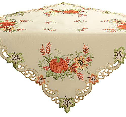 Quinnyshop Kürbis und Sonnenblume Stickerei Mitteldecke 85 x 85 cm Polyester, Creme