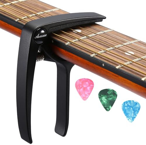 Asmuse Cejilla Guitarra Española Acústica Eléctrica Profesional, Guitar Capo de Ligero Aleación de Aluminio con 3 Púas de Guitarra para Guitarra Acústica Eléctrica Bajo Ukelele Mandolina Banjo