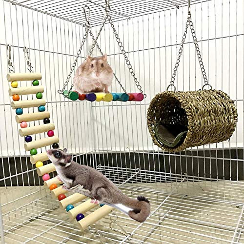 Ewolee Jouet Hamster, Lot de 3 Jouets pour perroquets ou Chiens. Pont Échelles, Balançoire Jouet, Perché Hamac pour Hamster, écureuil, Furet, Cobaye, Chinchilla, Perroquet