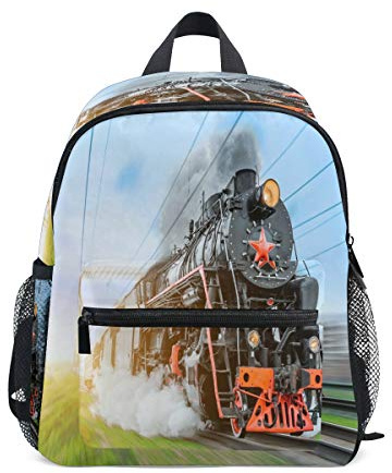 RXYY Kinder Rucksäcke Jahrgang Schwarz Dampf Lokomotive Zug Tagesrucksäcke Reise Kleinkind Vorschule Schule Tasche Beiläufig Rucksack mit Truhe Gurt zum Mädchen Jungs