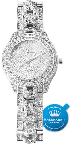 Halukakah Vergoldete Uhr Iced Out, Herren 18 Karat Echtgold/Platin Weißgold Plattiert Kubanische Kette Eingefügt Band Quarz Armband 9.5,Volle Cz Labordiamants Zinken-Set,KOSTENLOSE Geschenkbox
