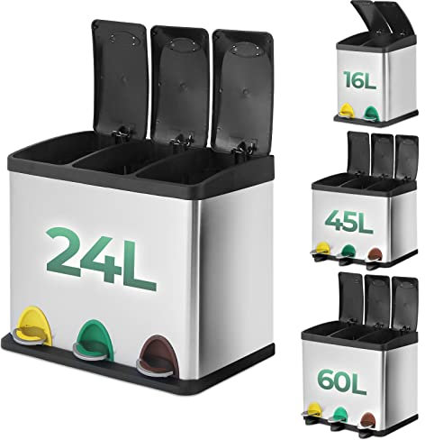 Jago® Mülleimer – 16/24/45/60 L - 2 oder 3 fächer, Edelstahl, mit Inneneimer, Handgriff, Deckel, für Küche-Abfalleimer, Mülltrenner, Mültrennsystem, Abfallsammler, Treteimer (24 Liter (3 x 8L))