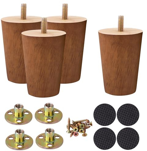 sourcing map Wood Furniture Legs, 4 Inch Sofa Legs Round Solid Wood Couch Legs Walnut Color Mid-Century Modern Replacement Feet for Armchair Recliner Coffee Table Dresser Set of 4
