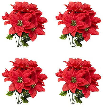 JFBUCF Künstliche Weihnachtssterne mit 7 Köpfen, Seide, Weihnachtsstern, Blumenstrauß, Weihnachtsblumen, Blumenstrauß, Urlaub, Zuhause, Büro, Dekoration, Rot, 4 Stück