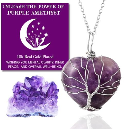 Halukakah Kristalle Steine Frauen Halskette Natürlicher Amethyst Quarz Lila Platinierter Messingdraht Handgemacht Wicklung Lebensbaum Herzform 30×40mm Anhänger mit Kette 50cm