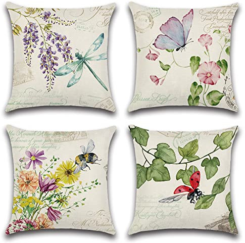 Artscope wasserdichte Kissenbezugen, 4er Set Blume Pflanze Insekt Kissenhülle Atmungsaktiv Kissen Fall für Outdoor Balkon Terrasse Patio Garten Bauernhaus Dekor 45x45CM