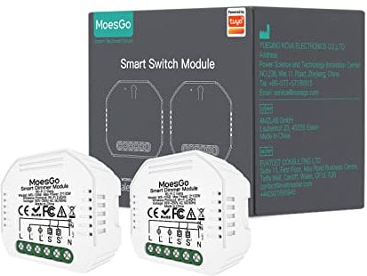 MoesGo WIFI Interruptor Luz con Dimmer Inteligente, 2Gang & 2 PC Inalambrico Módulo Alexa Control Remoto y Rele para conmutador compatible con la app Smart Life/Tuya/Alexa/Google Home
