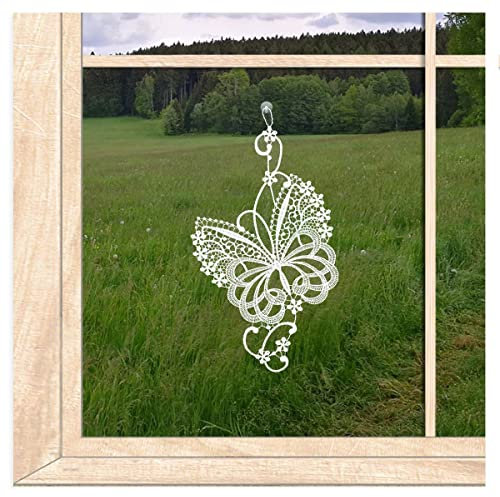 atelier alles-Spitze Hochwertiges Fensterbild Butterfly | Zart gestickte Fensterdekoration aus Vogtländischer Spitze | Wiederverwendbarer Fensterschmuck | HxB 28 x 15 cm