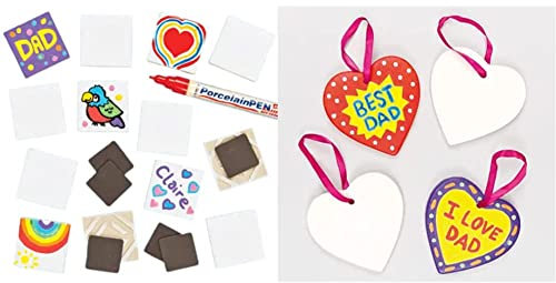Baker Ross EK506 Porcelain Ceramic Tile Magnets for Kids to Decorate, Paint Your Own Arts & Crafts Activities, Assorted & EV5425 Hanging Ceramic Heart Decorations For Kids to Decorate and Gift, 6cm