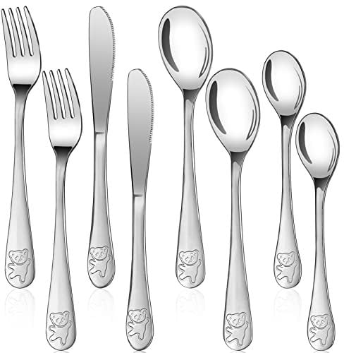 Bomtop 8 Pezzi Posate per Bambini in Acciaio Inox, Set Posate Bimbi 18/10: 2 x forchetta, 2 x coltelli, 4 x Cucchiai Cena, Posate Acciaio Inox, Finitura Lucida a Specchio(Orso, Spessore 2,5 mm)