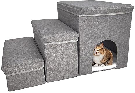 Hundetreppe mit Stauraum Hundetreppe für hohe Betten 3-stufige Haustiertreppe Rampe mit Aufbewahrungsbox und Höhle für kleine Hunde Katzen Haustiere