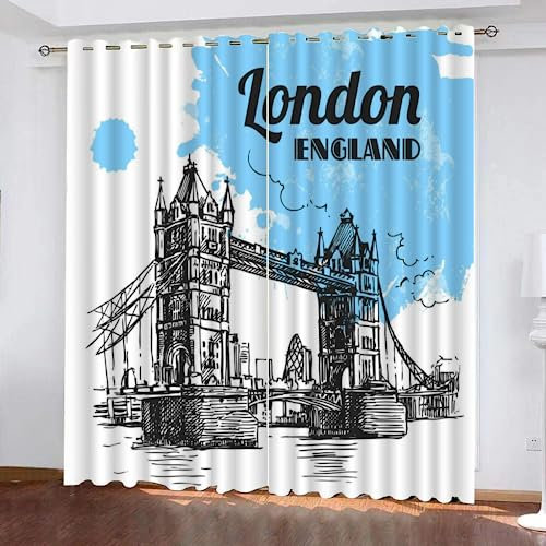 GIOVIA 3D London Vorhänge Abdunkelnde London Bridge Kindervorhänge Vorhang mit ösen 2er Set Gardinen Blickdicht Verdunkelungs für Kinderzimmer Schlafzimmer Wohnzimmer B 110 X H 95 cm