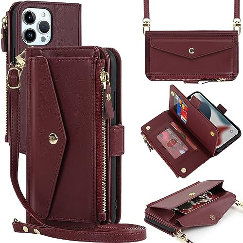 Zouzt for iPhone 13 Pro Wallet Case for Women, Purse with Credit Card Holder Slots Crossbody Lanyard Strap Zipper Flip Book Shockproof Protective Phone Cover for Apple 13 Pro 6.1 Inch (Red)