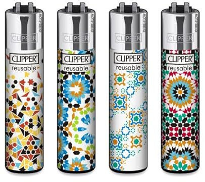Clipper® Feuerzeuge im Multipack - 4er Set mit coolem Look - Nachhaltig NEU - INKL Gratis Crystal Deko Balls (Alhambra #2)