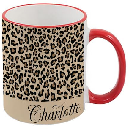 Personalised Cheetah Print Mug Custom Name, Leopard Print, Animal Print, Coloured Rim Coffee, Tea Mug. (Red Rim)