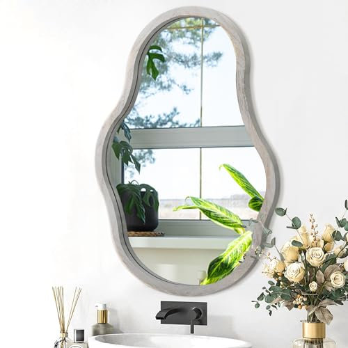 Lzuso Unregelmäßiger Spiegel für die Wanddekoration moderner asymmetrischer Wandspiegel mit Holzrahmen einzigartige künstlerischer Schminkspiegel dekorativ für Wohnzimmer Schlafzimmer Badezimmer Grau