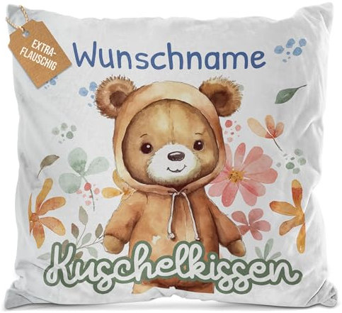 PR Print Royal Flauschiges Kuschel-Kissen für Kinder mit Füllung mit Name selbst gestalten - Bär Kissen für Mädchen und Jungs, Kinderkissen mit Name | 40 x 40 cm, Weiß Flauschig