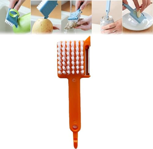 Multipurpose Peeler Brush, 5 in 1 Vegetable Peeler with Brush, Stainless Steel Potato Peelers, Multifunctional Vegetable Peeler With Long Handle for Potatoes Carrots Fruit Kitchen Tools (Orange)