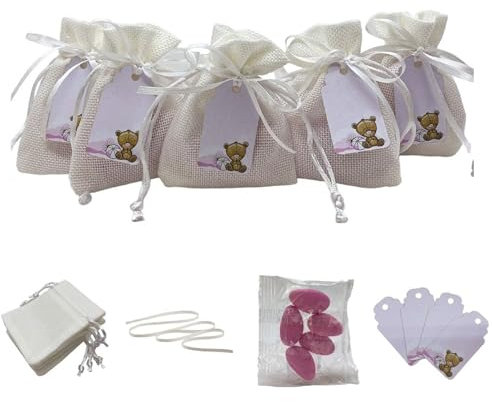 Doni Bomboniere Set Bomboniere Battesimo 12 Sacchetti Juta Bianco Portaconfetti 12 Tag con Orsacchiatto Rosa Personalizzabile, 12 Bustine Confetti MAXTRIS Rosa al Cioccolato Festa Gadget