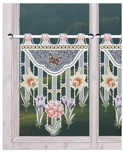 Scheibenhänger Frühlingswiese aus Echter Plauener Spitze Scheibengardine mit Blumen und Schmetterling Flächengardine Frühling 34 x 23 cm