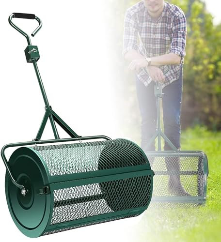 Épandeur de compost, épandeur de rouleaux de mousse de tourbe de 24 pouces, épandeur de compost avec poignée de jardin, épandeur de panier en maille métallique en acier pour épandre de la mousse