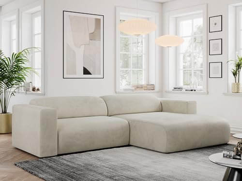 MKS MEBLE Ecksofa, Sofa L-Form, Wohnlandschaft L-Form, Modern Design Couch, Sofagarnitur, Couchgarnitur, Polsterecke - Pasadena -Beige Velvet - rechts Seite