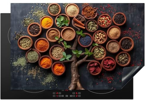 KitchenYeah© Herdabdeckplatte Einteilig Herdabdeckung Abdeckplatte für Ceranfeld Abdeckung Induktionskochfeld Aufrollbare Matte Kräuter - Baum des Lebens - Küche - Kochen - 80x52 cm