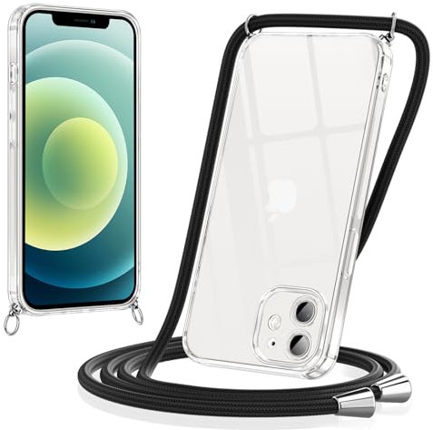 Coiwxmoi Handyband für iPhone 12 Hülle mit Band 6,1, Necklace Transparent Handyhülle mit Abnehmbar Schnur Kordel zum Umhängen Weich Silikon TPU Bumper Stoßfeste Schutzhülle für iPhone 12, Schwarz
