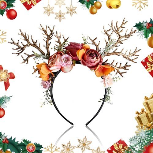 Hirschgeweih Stirnband,Weihnachtsgeweih Blumenzweige Stirnband,Rentier Geweih Haarreif mit Blumen,Geweih Kopfschmuck Weihnachten,Kopfbedeckungen mit Geweihblumen für Kinder Erwachsene