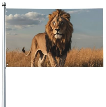 Bandera de león africano de 90 x 60 cm, de pie alto en su hábitat natural, para colgar en casa, césped, decoración de patio, banderas de bienvenida con 2 ojales de metal, uso en interiores y