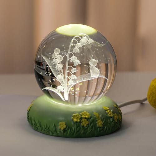 Blumen Nachtlicht 80mm Glaskugel Nachtlicht mit LED Halterung 3D Maiglöckchen Kristallkugellampe USB Aufladung Blume Nachtlampe Schlafzimmer Schlafen Tischlampe für Zuhause Tischdekorationen