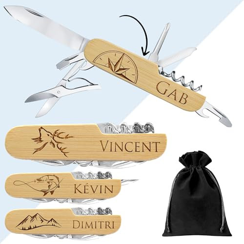 KDO MAGIC - Couteau suisse personnalisé - Gravé et personnalisable avec un prénom - 7 Fonctions - Cadeau pour homme, fête des pères, papa, noël (Couteau multifonction)