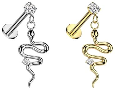 beyoutifulthings Lippen-Piercing SET Schlangen-Anhänger Gold Silber Piercing-Stecker Chirurgenstahl Schraub-Verschluss Stab 8-mm lang