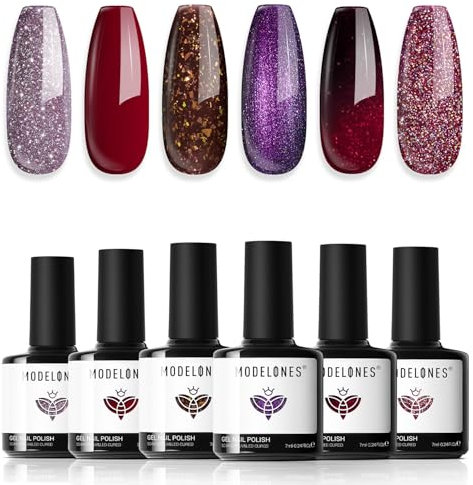Modelones Vernis Semi Permanent,Vernis Gel UV Semi Permanent Série Rouge Pailleté Violet Marron 6 Couleur Vernis à Ongles Soak Off Gel Polish French Manucure